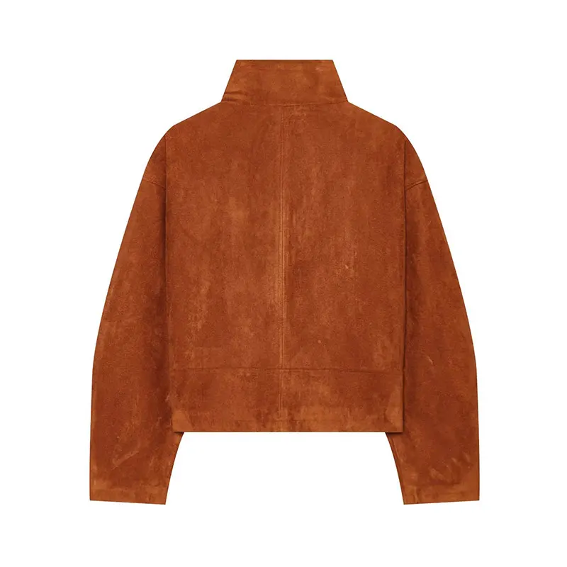 Nlzgmsj 2026 Autumn Women Vintage Suede Stand Collar Zip Up Cropped Jacket Casual Long Sleeve Outerwear
