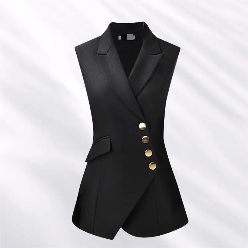 

Тонкий асимметричный жилет-блейзер для женщин: модный, элегантный, приталенный, без рукавов, для весны и осени