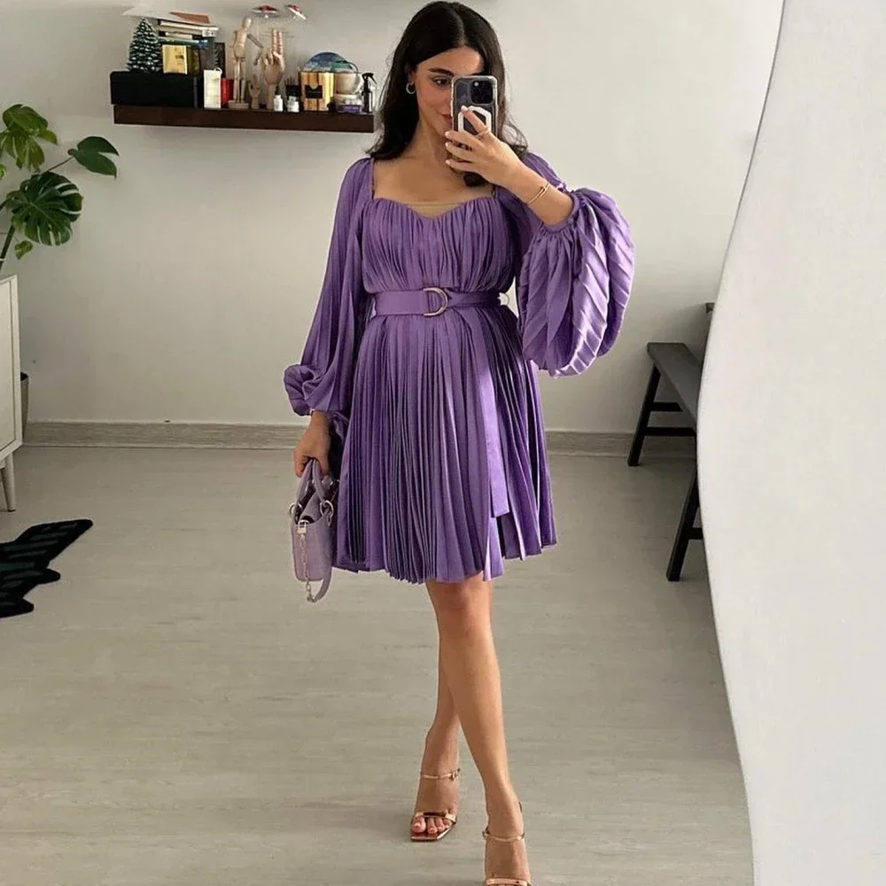 

Customized Evening Sexy Casual Jersey Sash Pleat Birthday Straight Square Neck Bespoke Occasion Gown Mini Dresses Chinese Styl