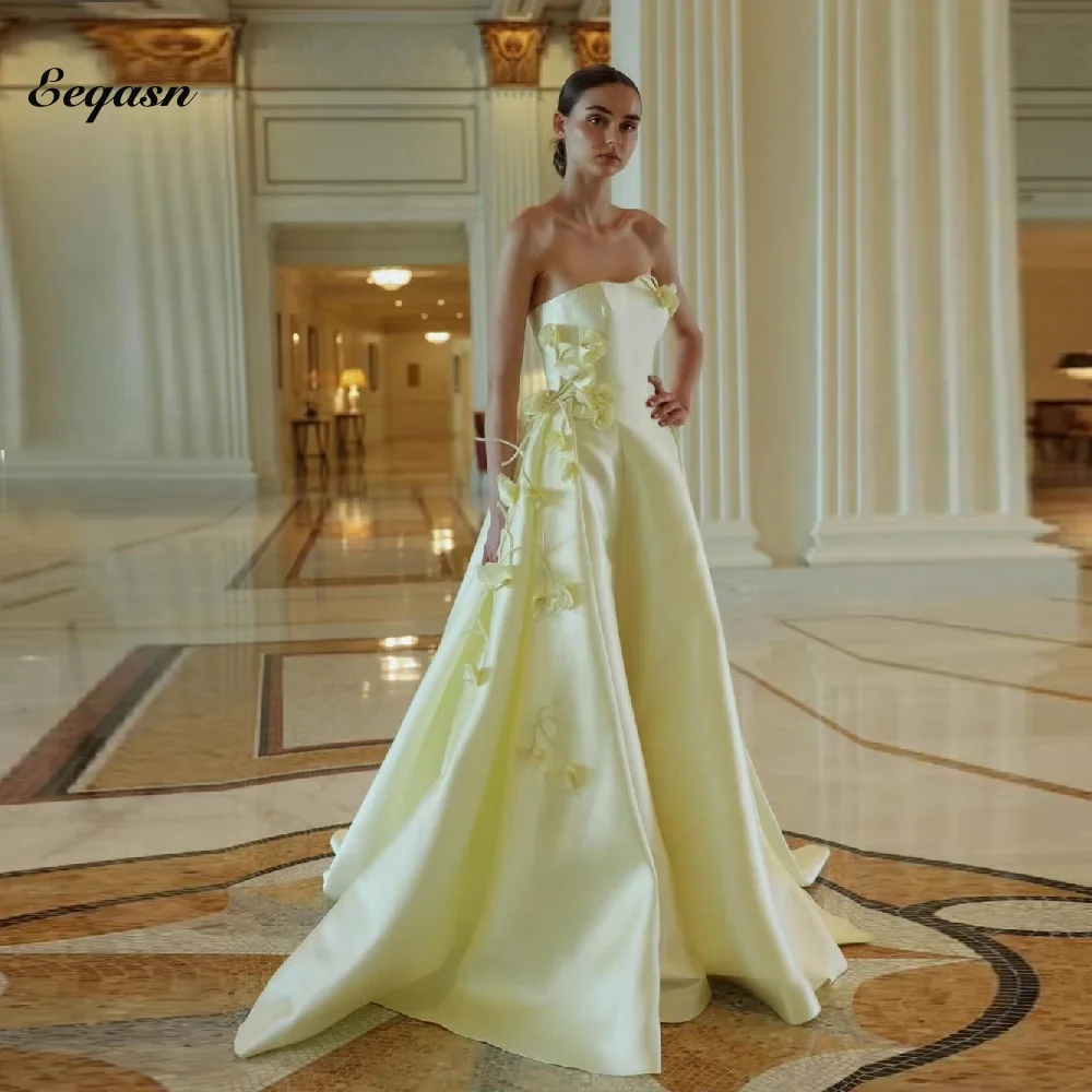 Customized Yellow Evening Dress Dubai Arabic Long Graduation Woman Flowers Robe De Soiree Femmes Party Prom Wedding Formal