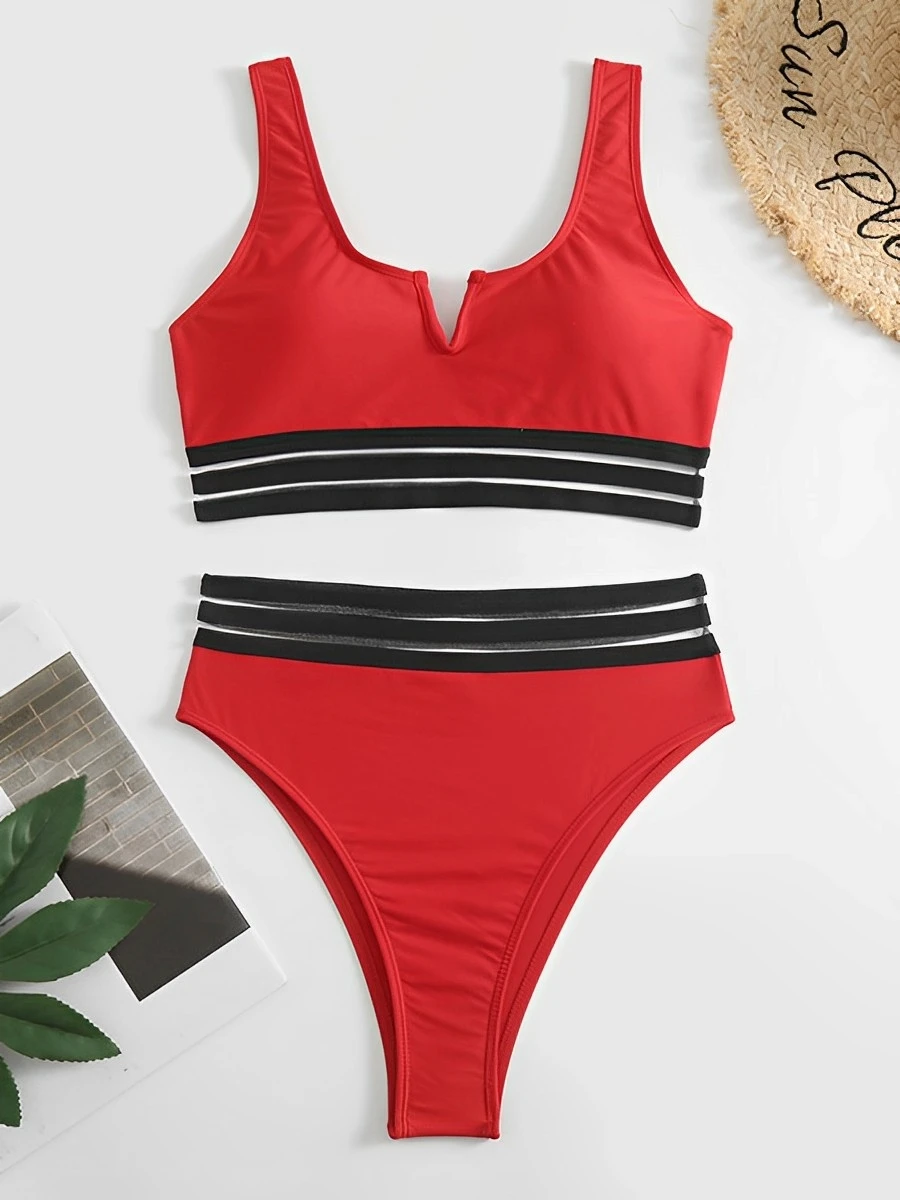 2023 Sexy V Wire Swimsuit Women Solid High Waist Bikini Black Mesh Trim Swimwear Female Padded Bathing Suit Swimming Beachwear