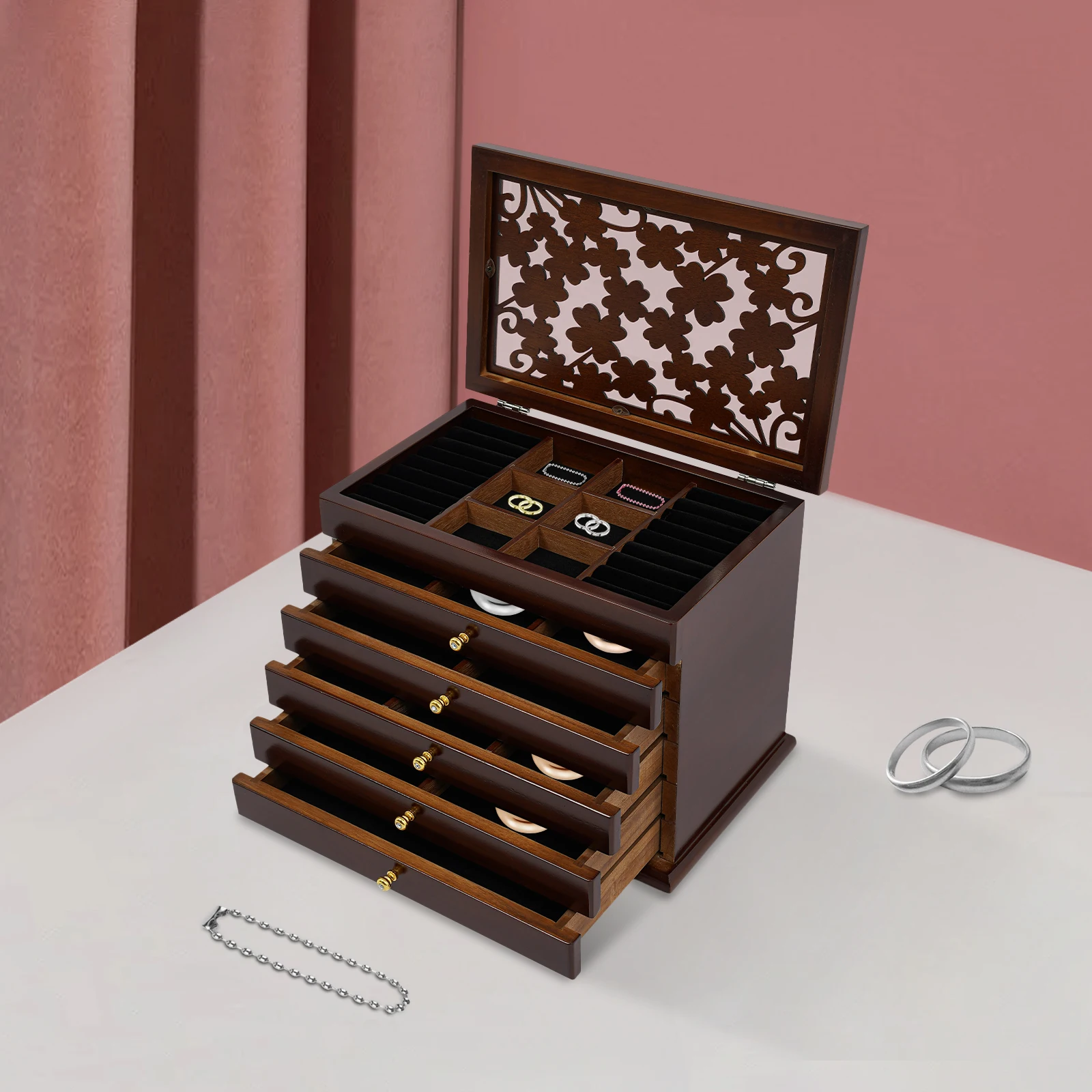 

НОВАЯ шкатулка для драгоценностей, деревянная шкатулка для драгоценностей с 6 уровнями, винтажный резной цветочный дизайн, подарок для мамы, жены, подруги 12,2 x 7,9 x 9,6 дюйма