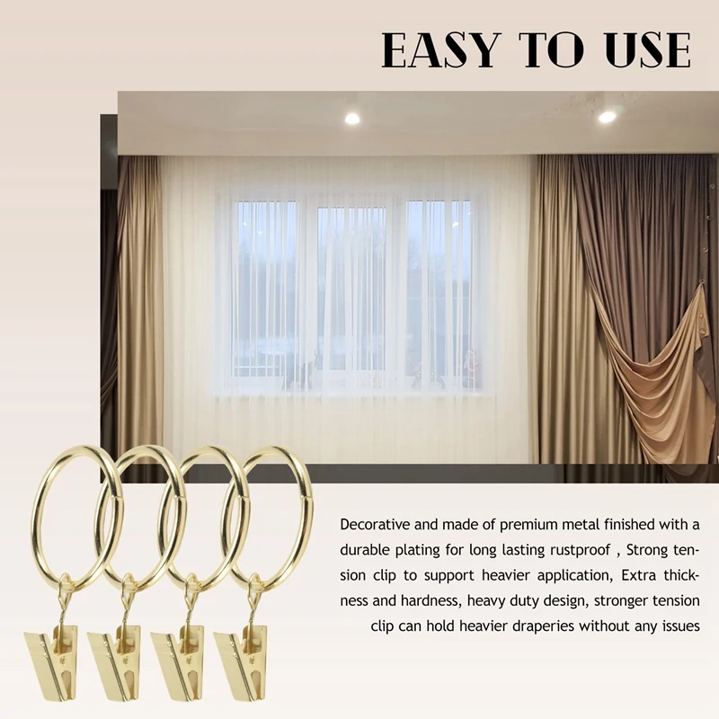 40PCS Curtain Rings With Clips, Strong Drapery Clips Hooks On Tension Rod Bracket, 1.26 Inch Interior Diameter