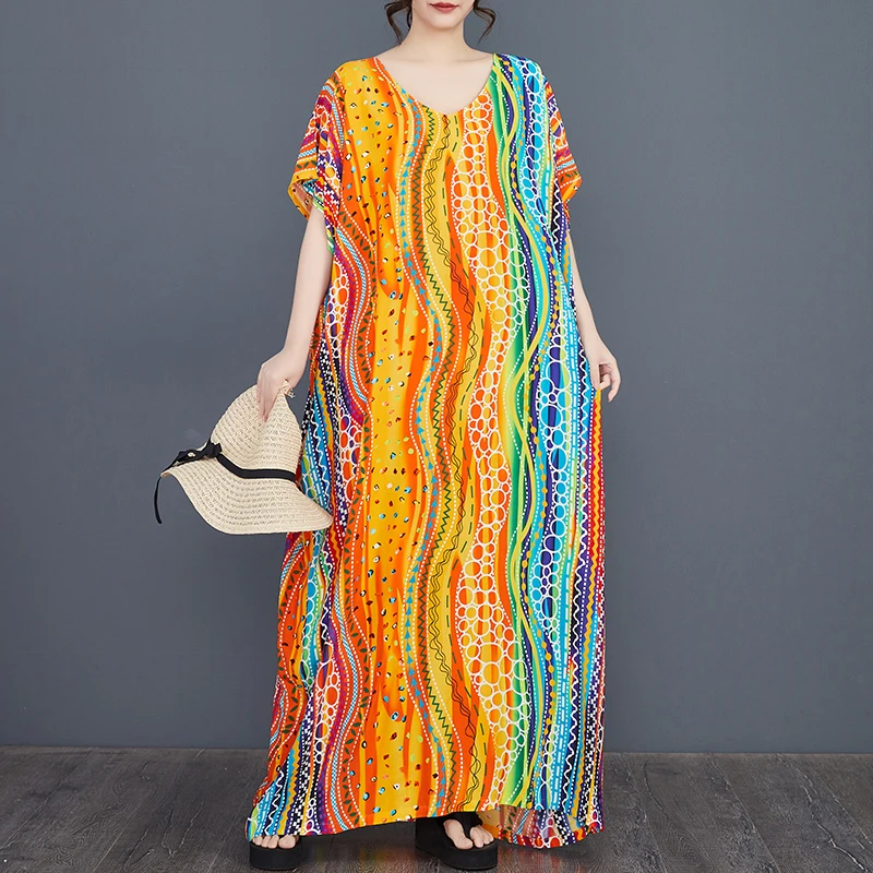 Grote maat katoen zijde print losse Batwing Sve Dr zomer Vaion jurk zachte V-Ne rechte snit dames Faion Dr