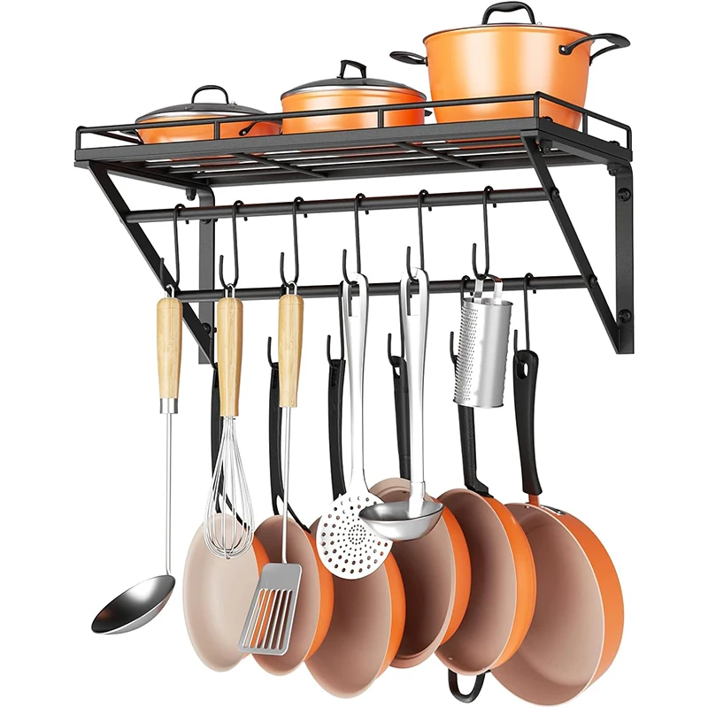 

Iron Wall Mount Kitchenware Storage Rack 2 Tier Hanging Metal Grid 14 Hooks Pot Shelf Utensil Integration Organizer Holders Set