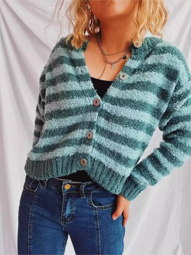 Design feminino sentido em torno do pescoço curto camisola de manga comprida jaqueta superior outono e inverno elegante botão listrado cardigan camisola