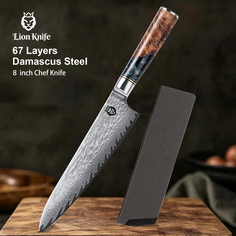 Coltello da cucina professionale da 8 pollici in acciaio Damasco, affilato, di alta qualità, con manico in resina nera e legno colorato, coltello da cucina per verdure, carne, sashimi, con custodia.