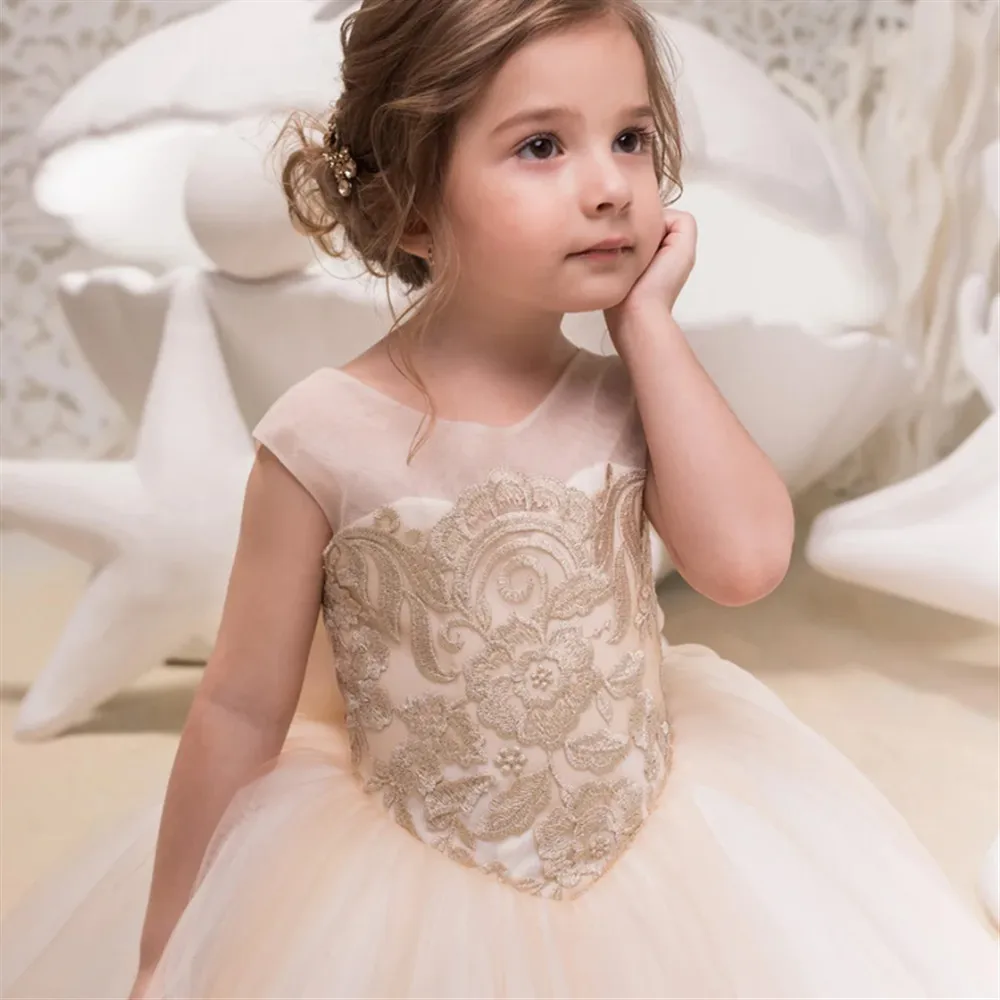 Flower Girl Wedding Dress Sleeveless Appliques Lace with Bow Kids Bridesmaid Princess Birthday Party First Communion Ball Gown