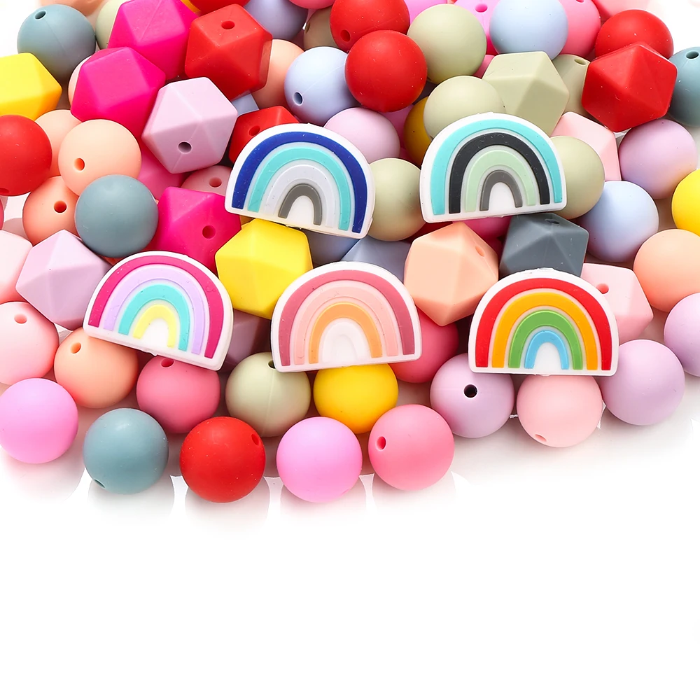 65Pcs 15mm Baby Round Silicone Teether Beads Rainbow Spacer Beads Set for Jewelry Necklace Keychain Making Diy Set Accessories