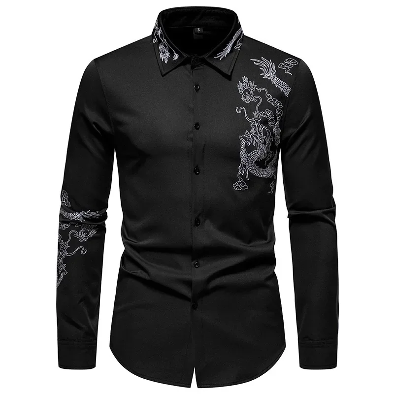 Dragon Pattern 3D Printing Long Sleeve Shirt Autumn Winter Single Breasted Slim Fit Button Retro Social Dress Shirt Street Wear