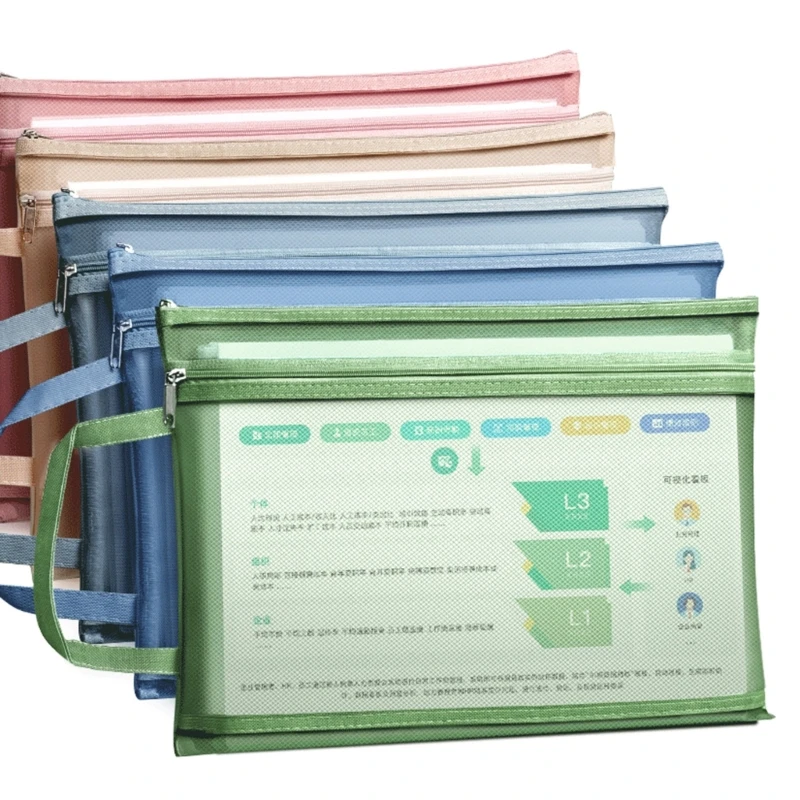 Mesh Zipper Pouch Document Bag A4 Size Zip File Folders Plastic Envelopes Folders for School Office Supplies File Pocket
