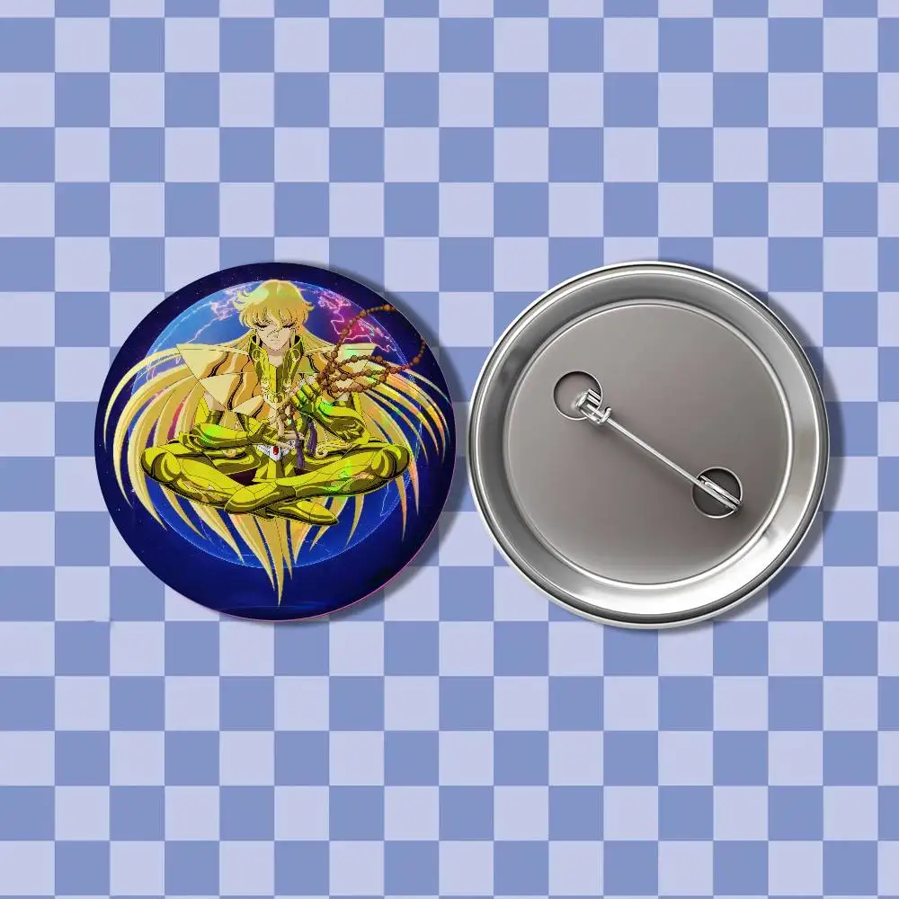 Saint Seiya Virgo Shaka Reflective Pin Tinplate Round Brooch Cartoon Cosplay Badges for Bag Hat Toys Gifts