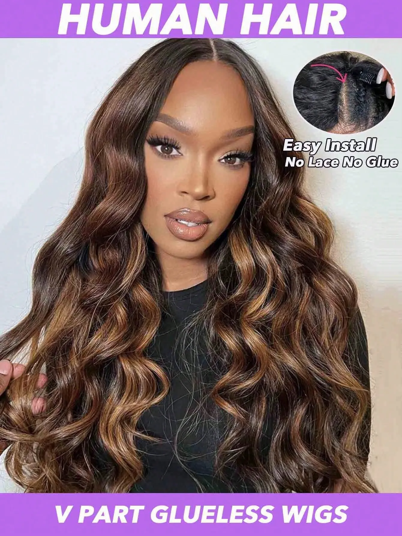 

Парик P1B30 с V-образной частью, из натуральных волос, плотность 250%, волнистый, без клея, для всех этнических групп, 18-38 дюймов, V-образный парик