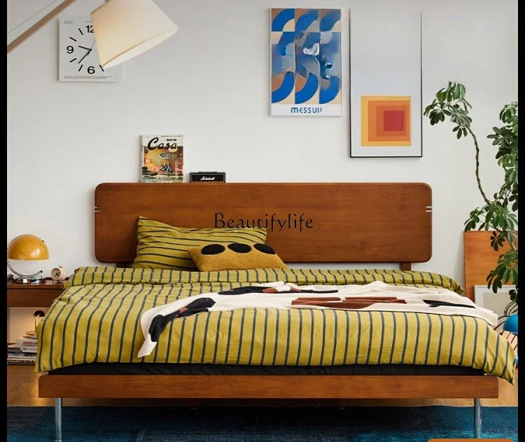 

12Vintage Style Solid Wood Bed Nordic Home Retro Small Apartment Bedroom Single Bed
