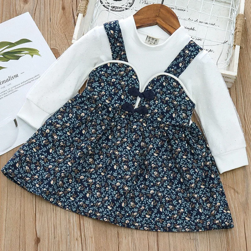 Chinese Style Kid Girl Dress Flower Print Strap Princess Dress Baby Girl Clothes Long Sleeve Autumn Wedding Party Costume A1324