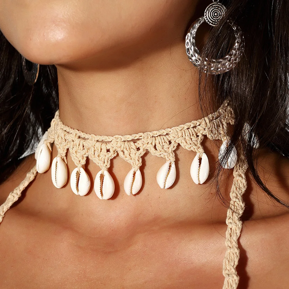 New Boho Rope Chain Bohemia Hand-knitted Shell Choker Necklaces Women Natural Shell Necklace Accessories Summer 12 Color