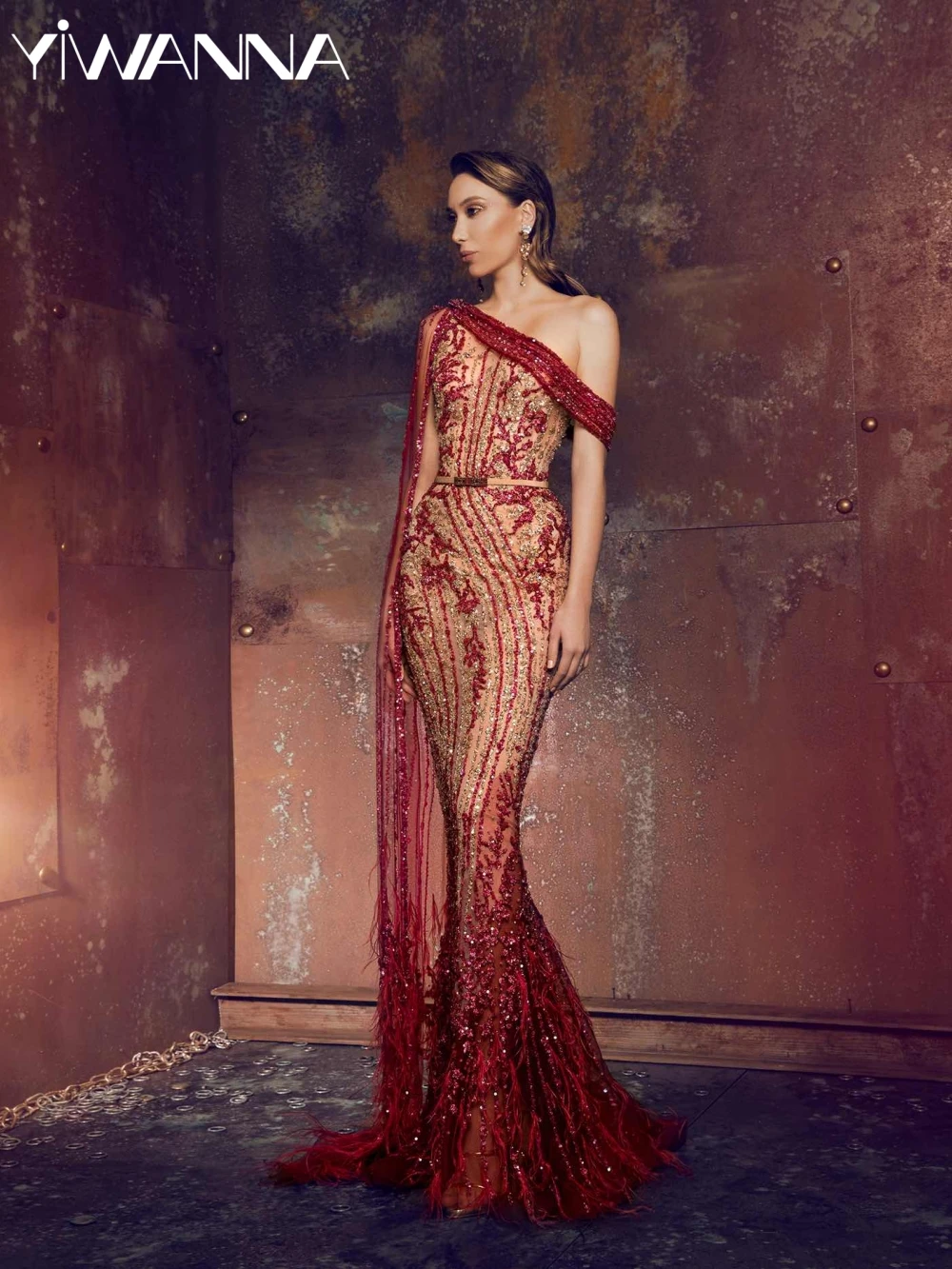 

Gorgeous Beaded Feathers Long Evening Dress Elegant Cape Sleeve Mermaid Wedding Party Gown Customized Stunning Prom Dresses