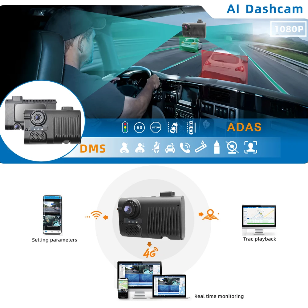 Intelligent DMS ADAS System AI Dashcam 4G GPS Dash Camera With Recording For Taxi Bus Van Truck Large Vehicle