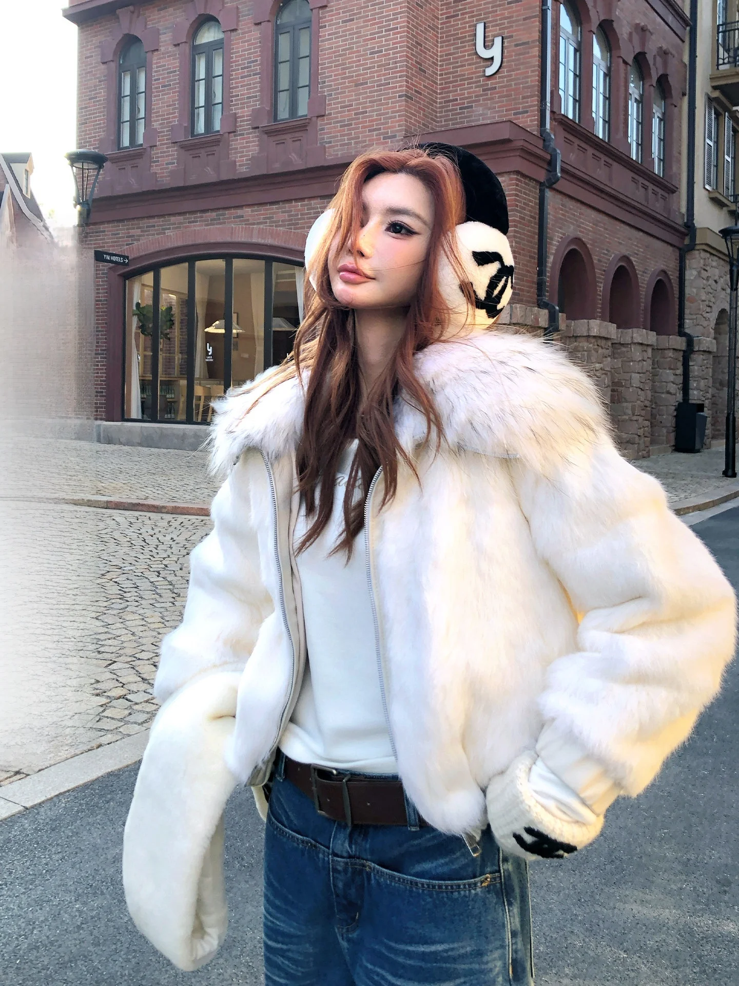 

Ele Rabbit Fur Collar High-Defn Winter Coat Li Wan Jun Little Snowman Fur Jaet for Women Warmth Insulation