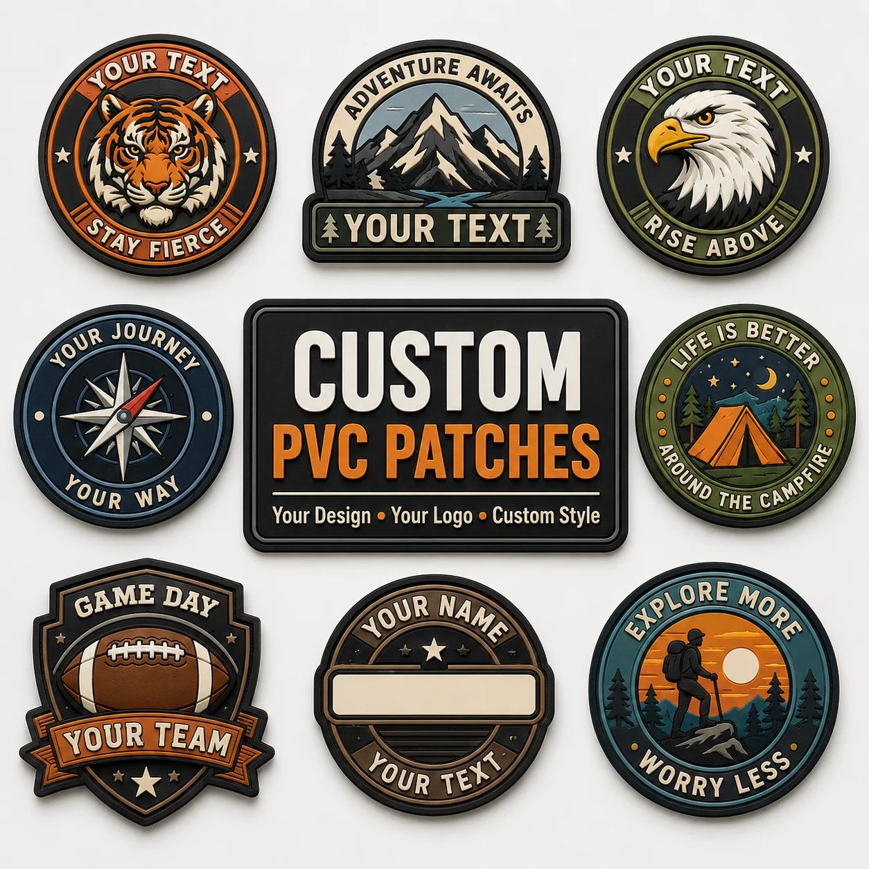 Custom PVC Patches Personalized Logo 3D Soft Rubber Badge Hook and Loop for Backpacks Jackets Hats Clubs Team Outdoor Gear