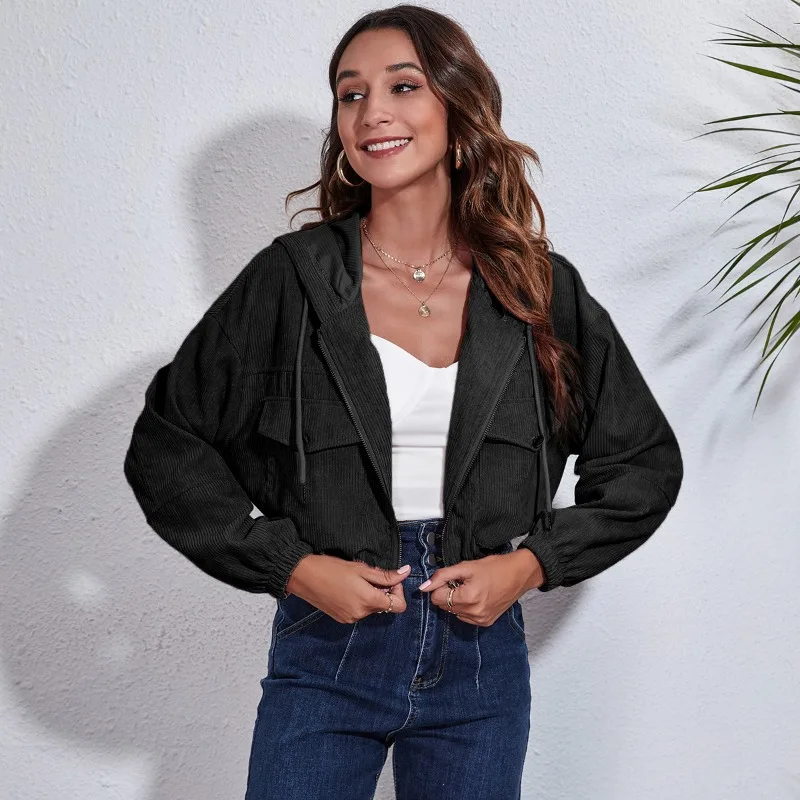 Autumn New Women's Corduroy Hooded Coat Lantern Long Sleeve Lapel Women's Jacket Elegant Zipper Casual Short Jacket