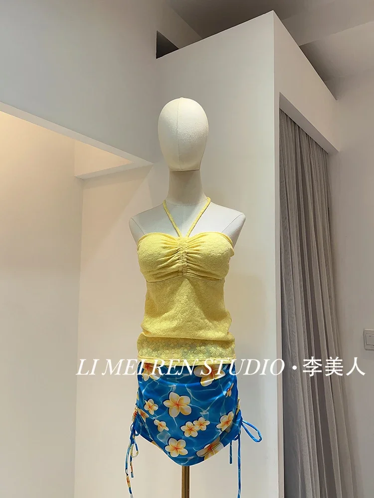 New Hot Girl Set Yellow Hanging Neck Strap Top, Hip Wrapping Short Skirt, Split Swimsuit, Bikini 3-Piece Set