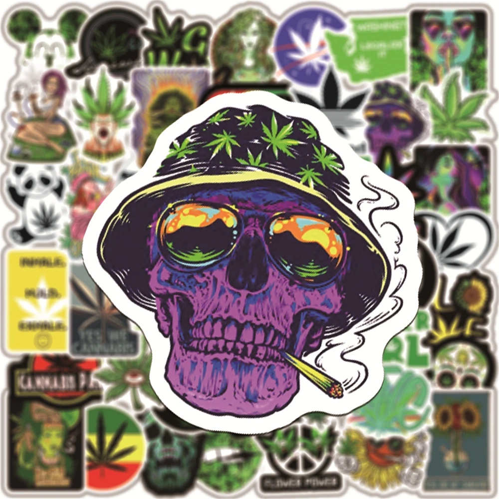 10/30/50/100PCS Funny Hemp Leaf Stickers Weed Smoking Cartoon Graffiti Waterproof Suitcase Luggage Guitar Skateboard Decals Toy