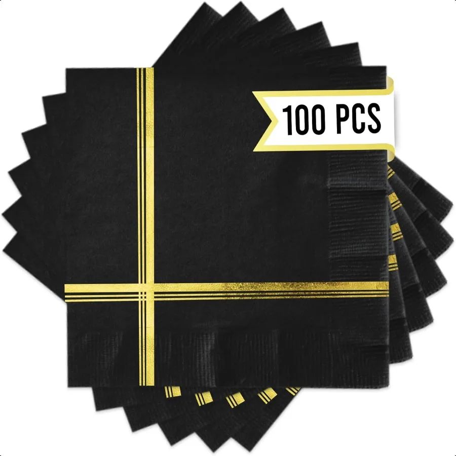 Conjunto de guardanapos pretos e dourados com 100 guardanapos de coquetel e dert de 5 x 5 polegadas com acabamento dourado perfeito para festas de casamento e eventos