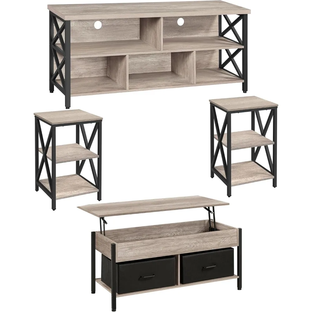 

4 Pieces Living Room Table Sets - Includes TV Stand with Storage for 65 in TV, Lift-top Coffee Table with Baskets, 2 Set End Si