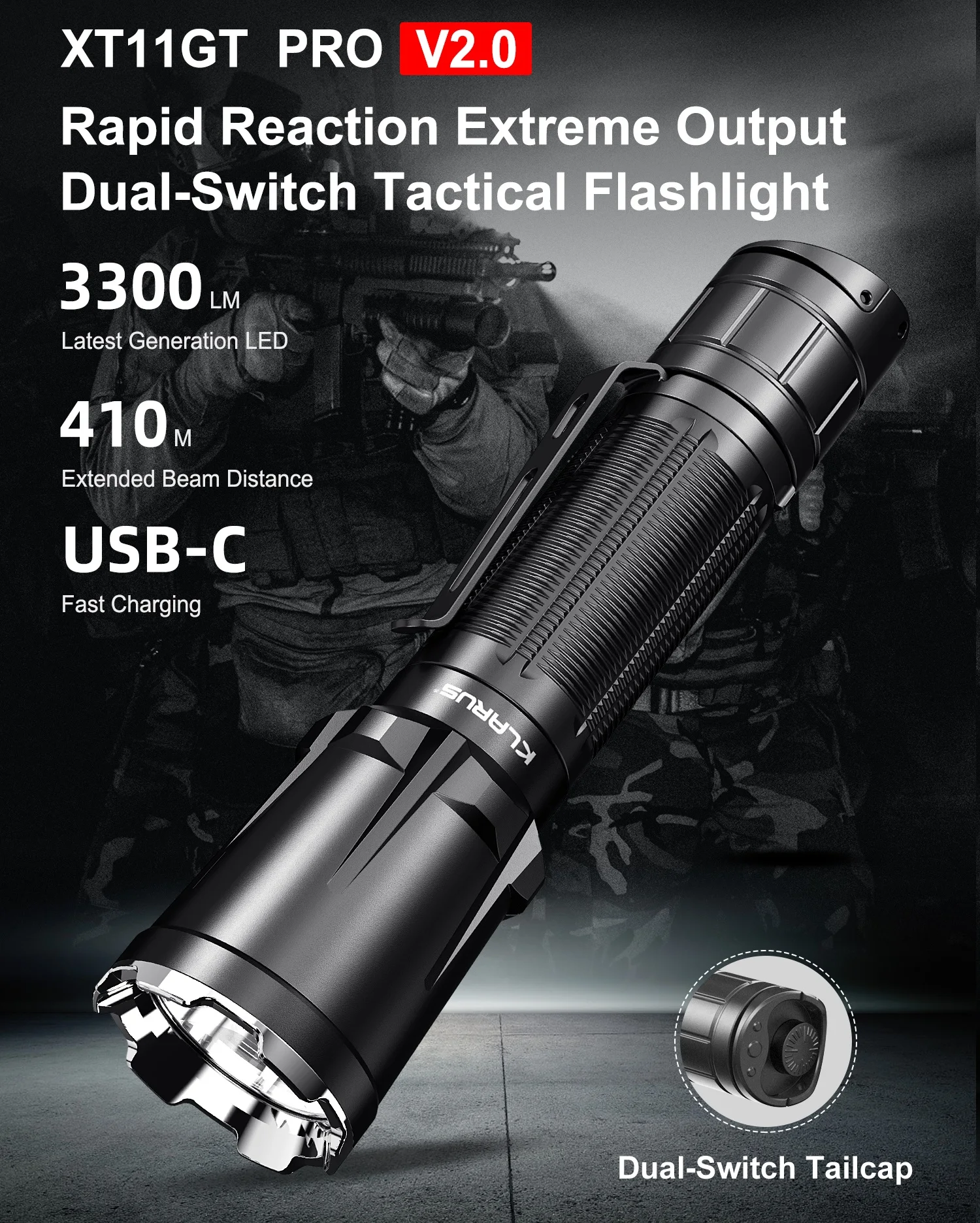 KLARUS XT11GT Pro V2.0 Rechargeable Tactical Flashlight Luminus SST-70 3300LM Torch with 18650 Battery for Camping Self-defense