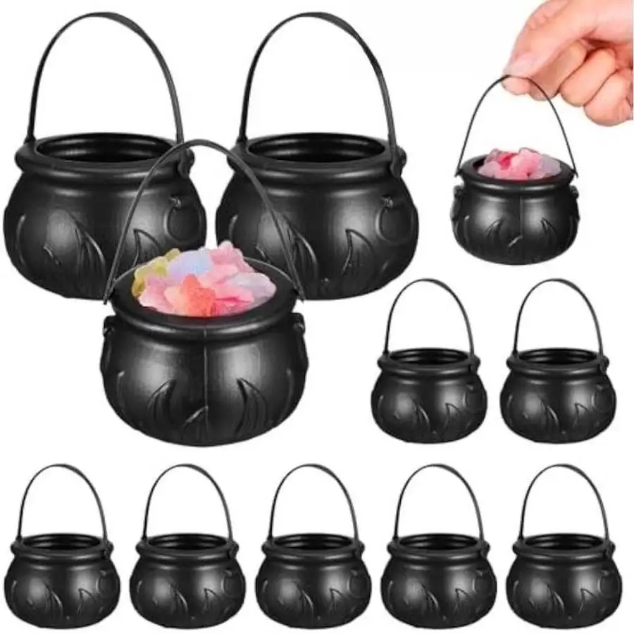 1/5/10/20/50/100pcs Mini Black Plastic Witch Cauldrons with Handles, Wizard Themed Candy Storage Pots, 10.92×6.86×4.57 cm, Party