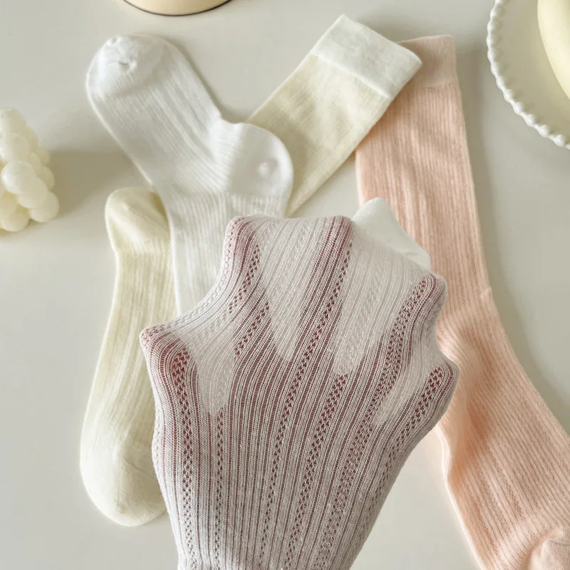 Women Socks Lolita Sweet Girls Middle Tube Socks Hollow Out Mesh Thin Breathable Solid Color Black White Gray Loose Long Socks