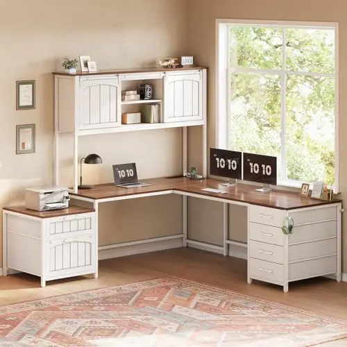 Farmhouse L Shaped Office Desk with 6 Drawer, Reversible Computer Desk with Power Outlet, Hutch for Home Office/Two