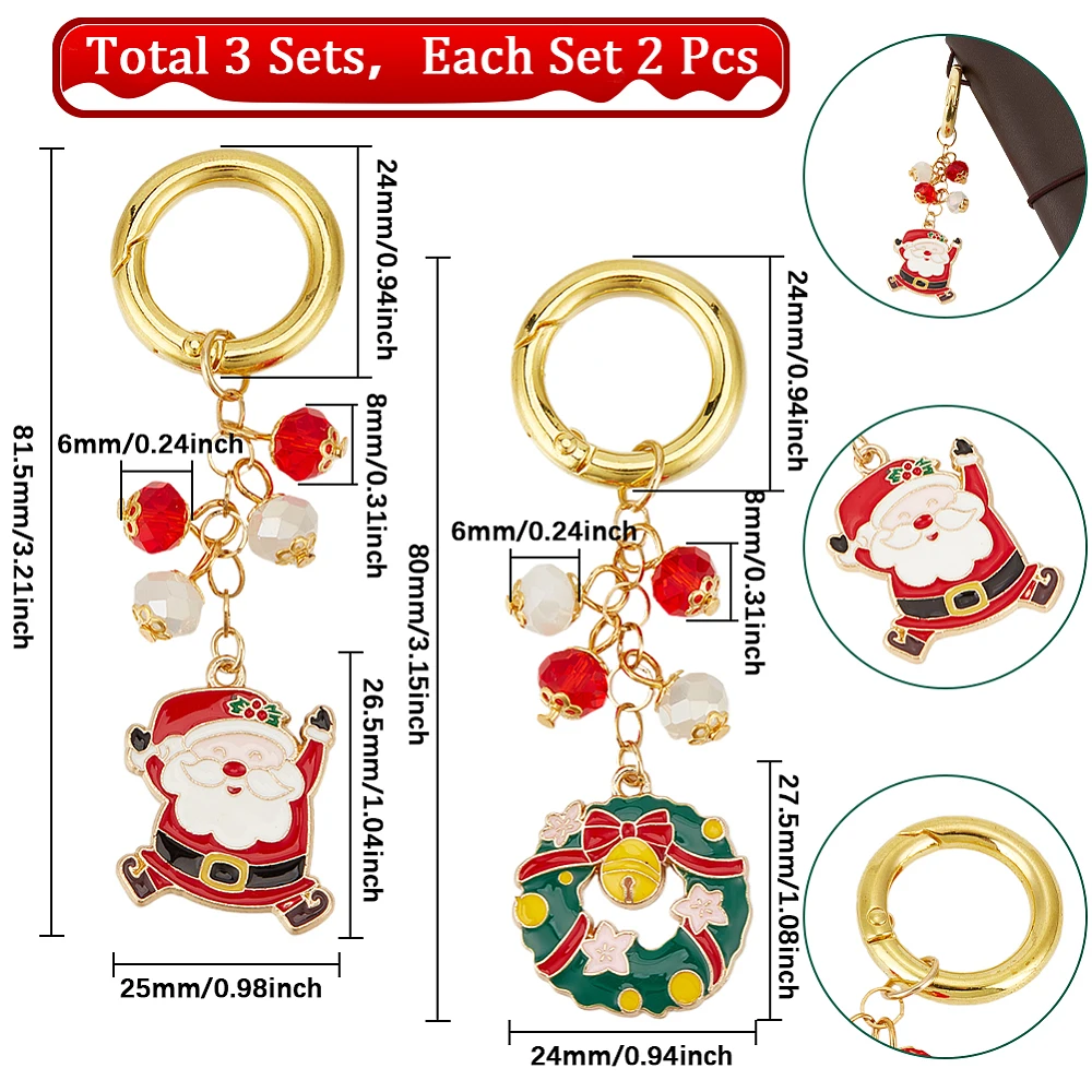 1 Box 6Pcs Christmas Bookmarks Chain Bookmark Christmas Clip On Charms Santa Claus Xmas Wreath Charm with Spring Gate Rings