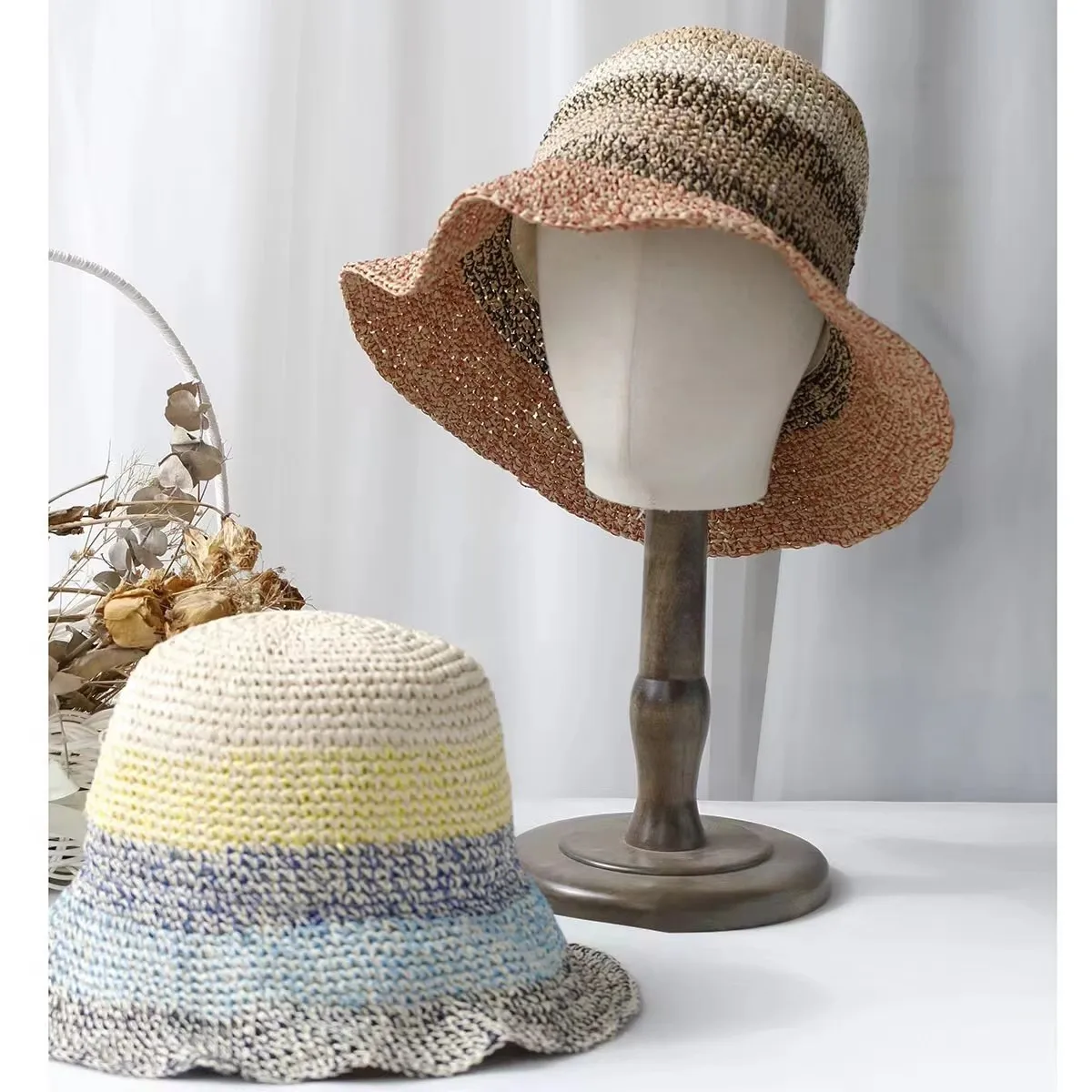 

Straw Bucket Hats For Women Handmade Striped Panama Bob Summer Foldable Sun Protection Caps Female Outdoor Beach Fisherman Hat