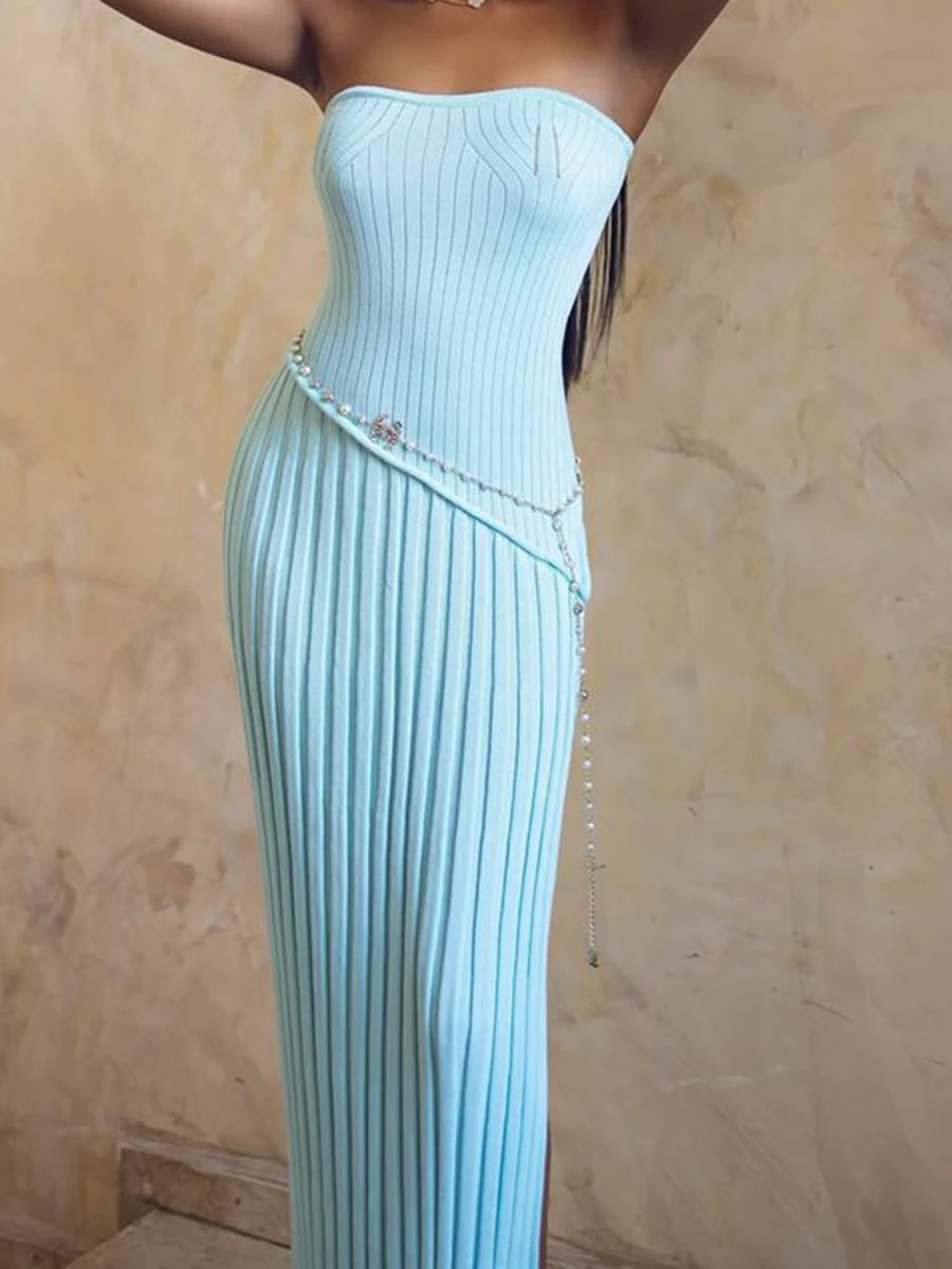 

Off Shoulder Solid Knitted Long Dress Women Summer Sexy Strapless Slim Split Party Vestidos Simple Casual Fashion Maxi Dresses