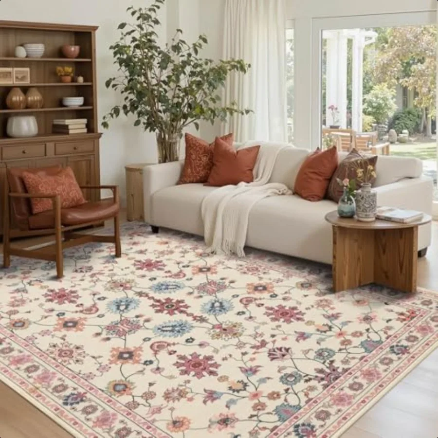 

Pink Rug for Living Room Bedroom Floral 5x7 Washable Rug Boho Area Rug Large Non Slip Flower Carpet for Indoor Dining Room Gir