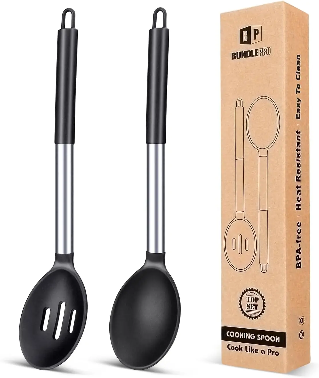 

Pack of 2 Large Silicone Cooking Spoons, Heat-Resistant Non-Stick Utensils for Mixing, Serving, Stirring in Black