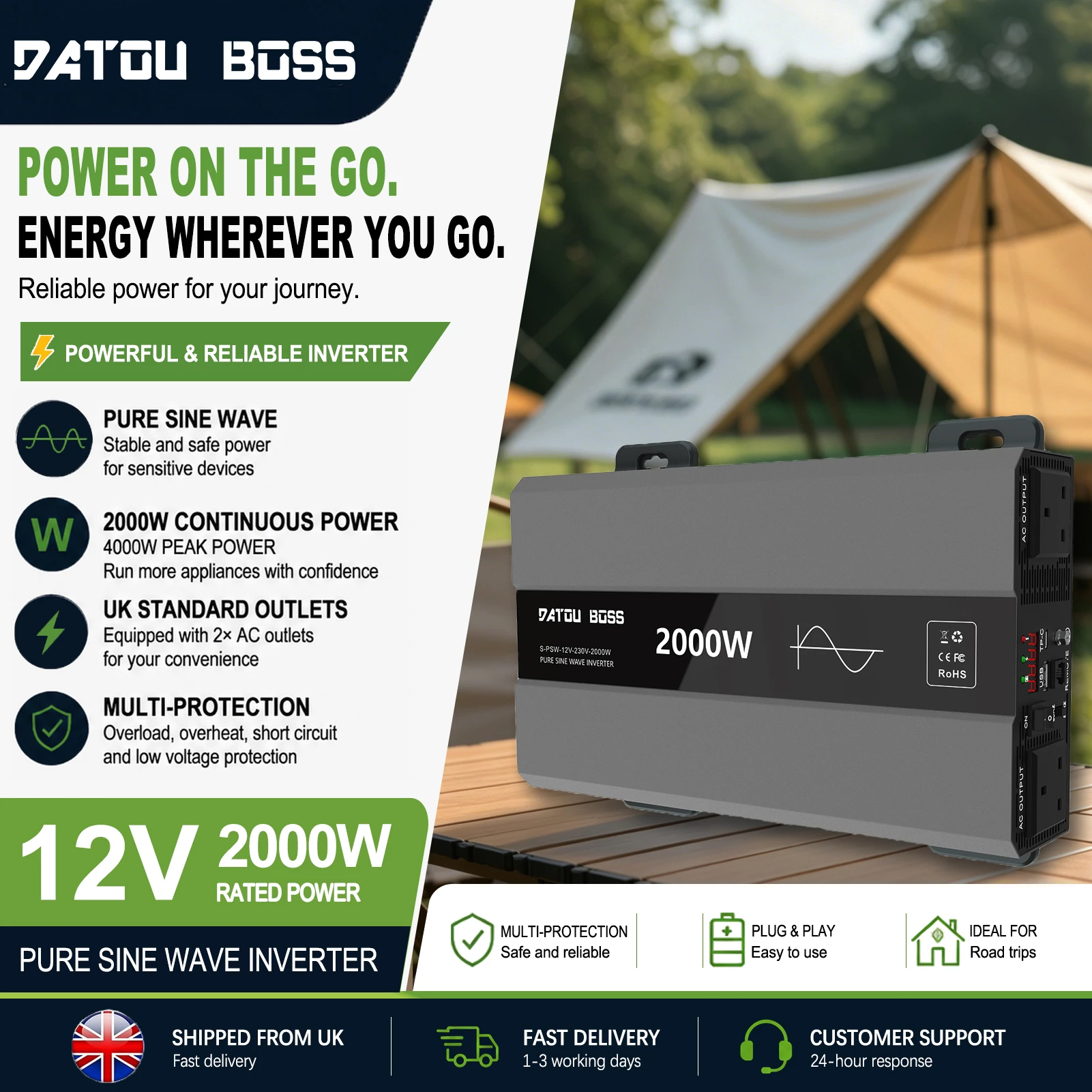 DATOUBOSS 2000W Pure Sine Wave Power Inverter 12V to 230V 50Hz Car Inverter Converter Portable for RV Caravan Vehicle with USB Ports AC Outlets LCD Display