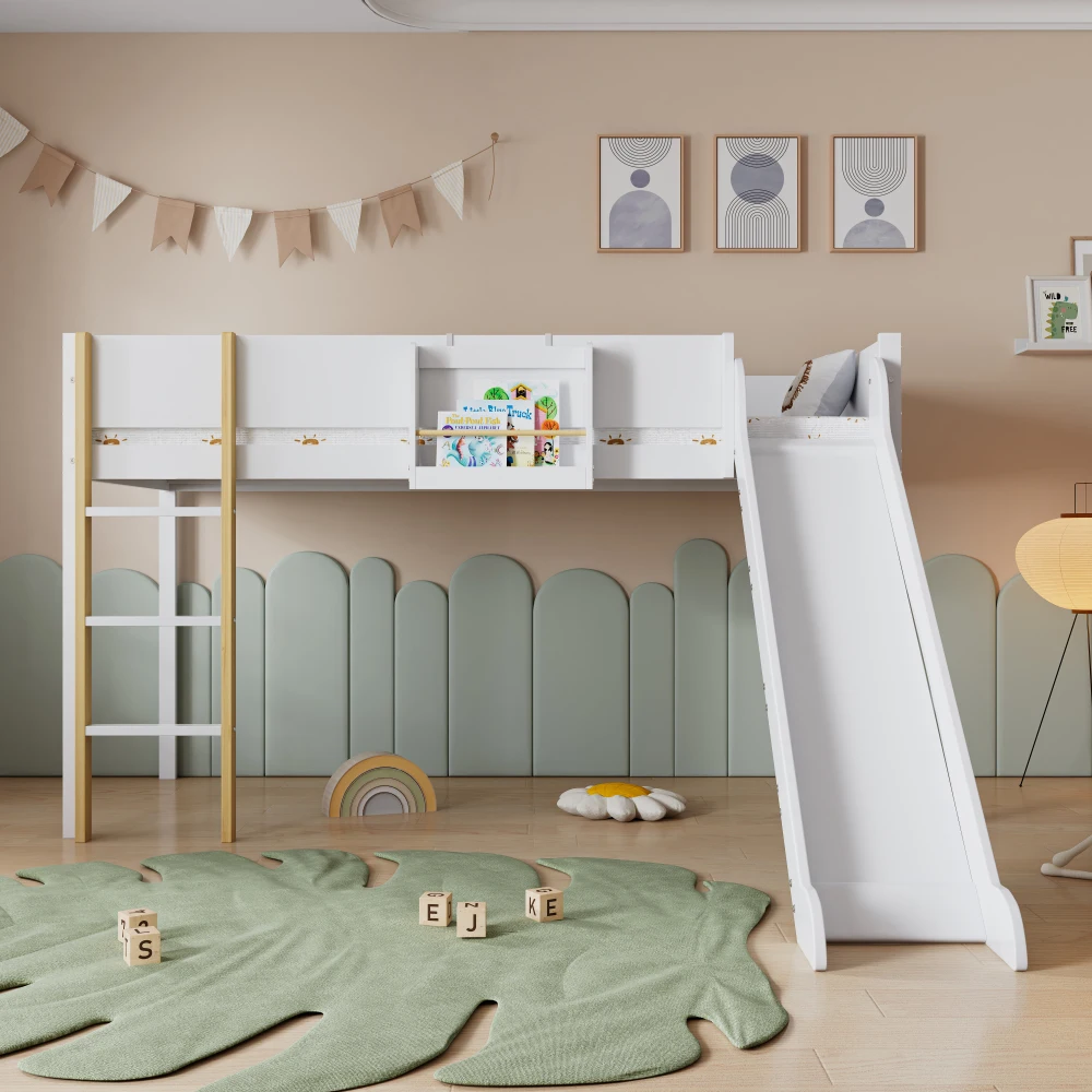 PINGGO Hochbett für Kinder mit Rutsche, 3-stufige Leiter, abnehmbares Regal, Kiefer MDF, Weiß Natur, 90x200cm, ohne Matratze – Detail 4