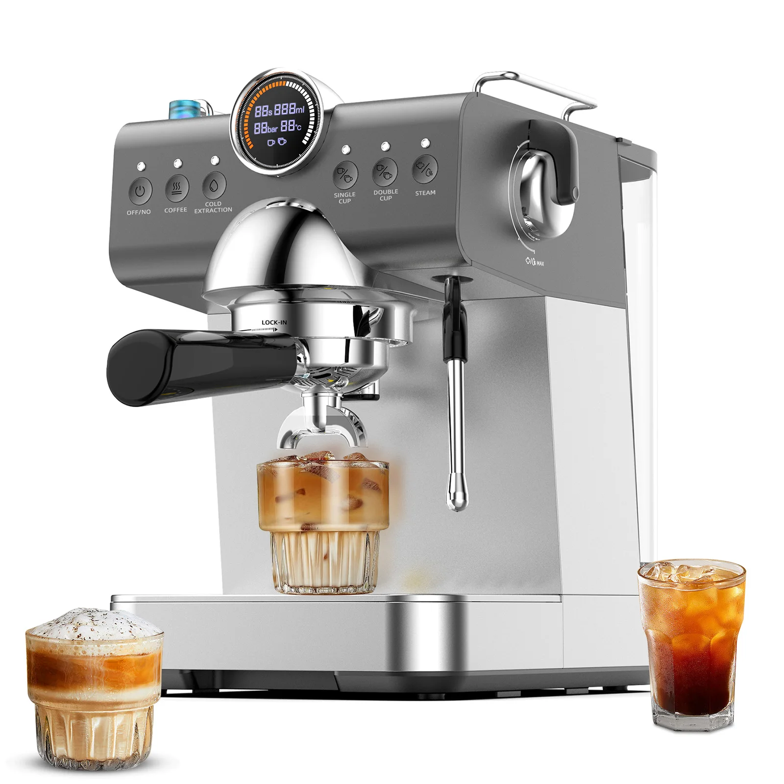 Mcilpoog Espresso Machine ,Compact Coffee Maker with Steam Milk Frother&Iced Coffee with LCD Display,Gift for Coffee Lover