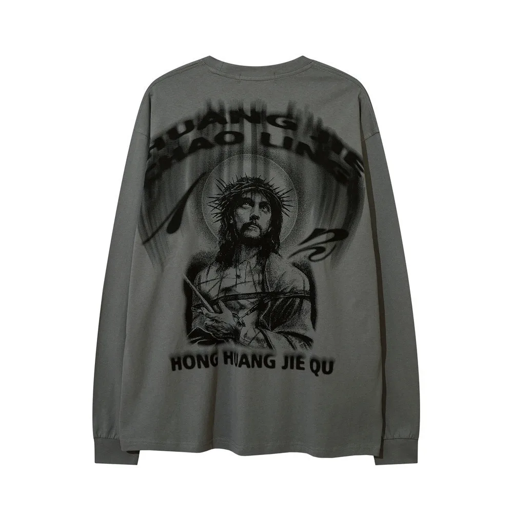 

New Printed Long Sleeve T-shirt Men's Ins European and American Style Loose Round Neck T-shirt