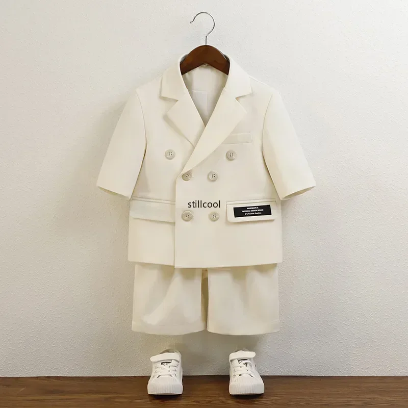 Boys Double Breasted Short Sleeve Blazer Suit Set Summer Formal Outfit for Kids Toddlers Wedding Birthday Party Photo Shoot 8 Y