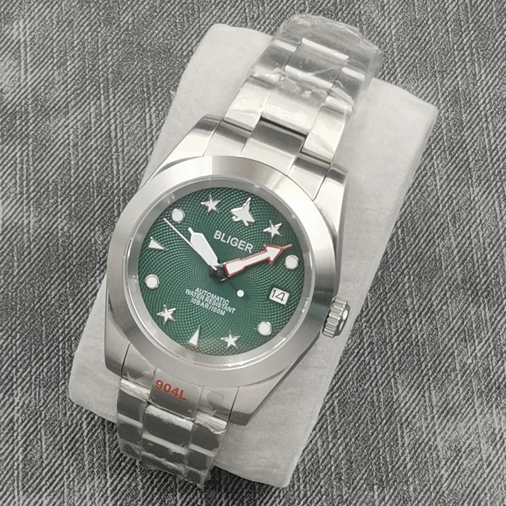 36mm/39mm BLIGER Luxury Automatic Movement Watch Green Dial Date Calendar Aeroplane Pattern Sapphire Stainless Steel Watch