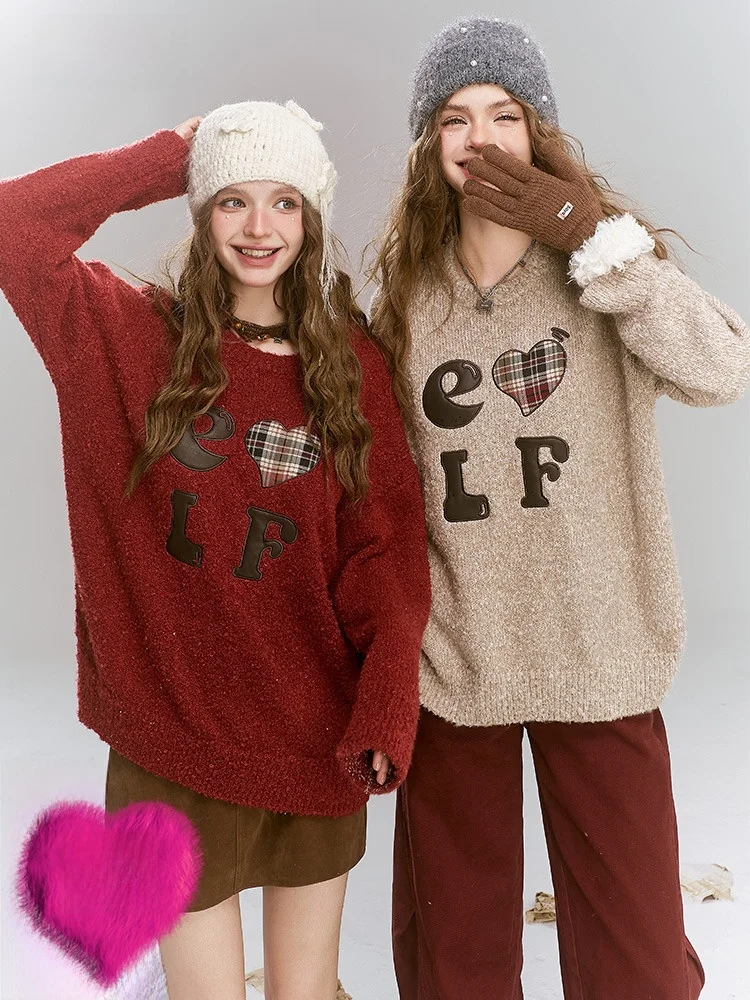 

Женский мягкий и комфортный свитер из ангоры, красный, свободного кроя, в стиле «ленивый шик», зимний топ, с круглым вырезом, длинный рукав, из полиэфирного волокна