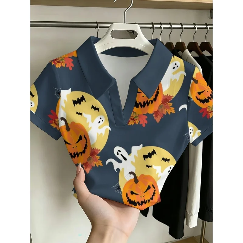 Women's Versatile, Button-Free Polo Shirt – Stylish, Commuter-Friendly Top Featuring Pumpkin & Gourd Graphics