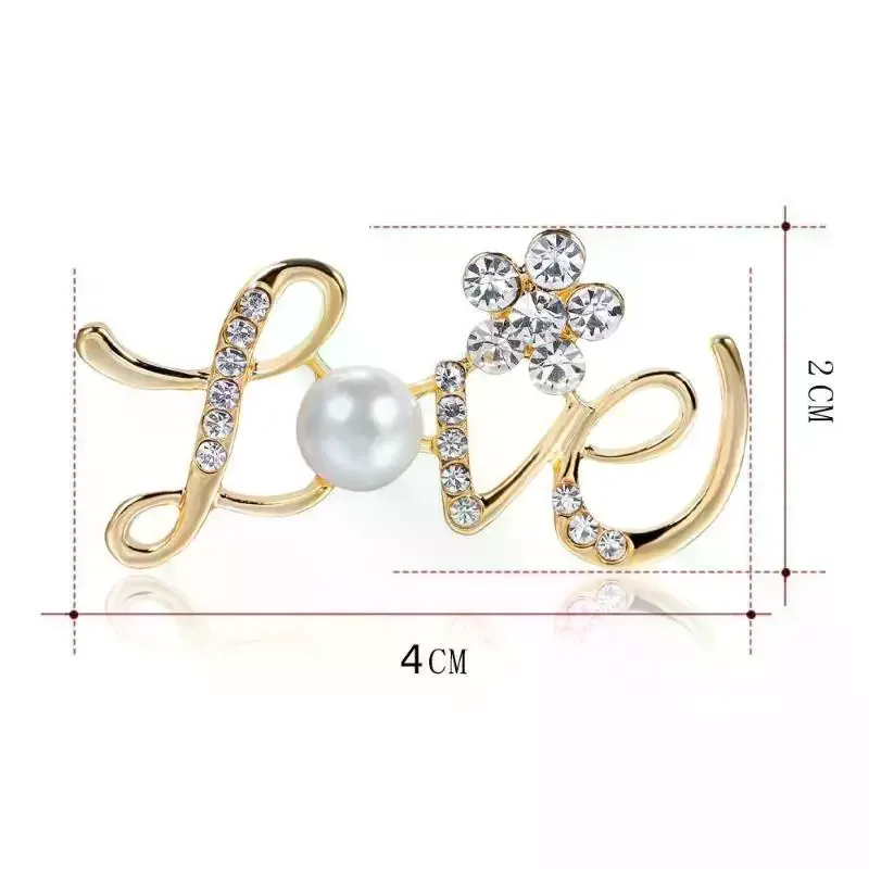 Sparkly Pearl Love Letter Brooch Rhinestone Crystal Lapel Pin for Women Suitable for Coat Scarf Hat Decoration