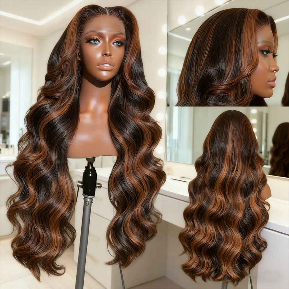 

30 32Inch HD 1B/30 Body Wave Highlight 13x6 Lace Front Human Hair Wig Upgraded Omber Brown Color 13x4 Lace Frontal Wig For Women