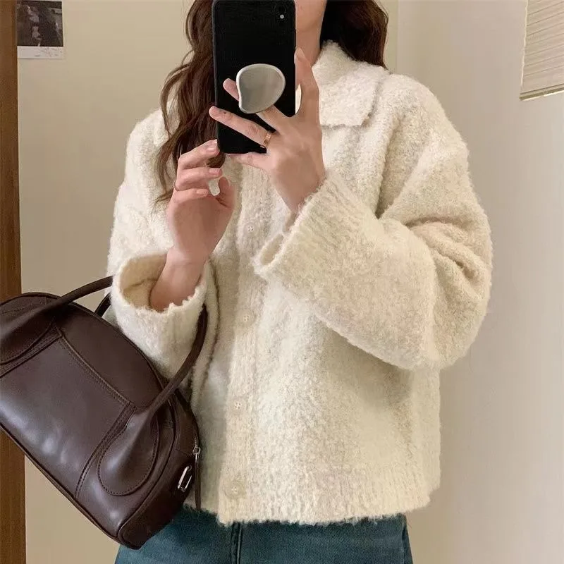 Knitted Cardigan Women Solid Fluffy Autumn Winter Tops Loose Gentle Turn-down Collar All-match Sweet Daily Female Korean Style