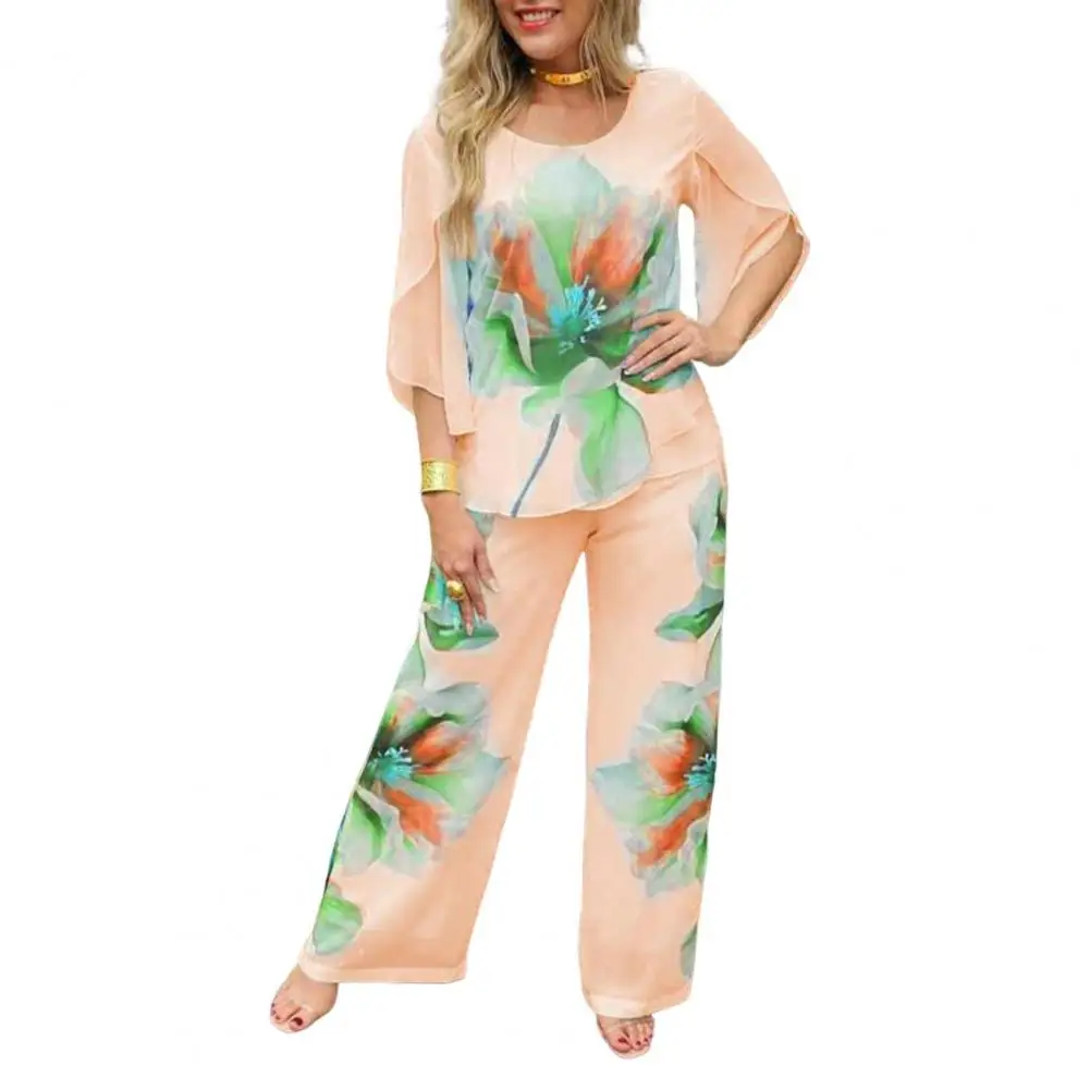 Fall Spring Two-piece Set Floral Print Women's T-shirt Pants Set with Irregular Sleeves Elastic Waist Colorblock for Women
